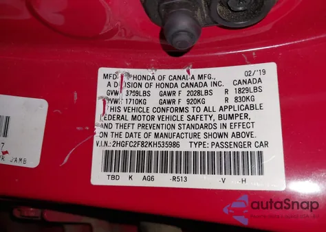 2019 Honda Civic Sport z USA, uszkodzony, nr VIN 2HGFC2F82KH535986